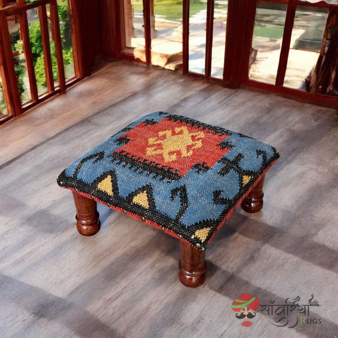 Handmade Wooden Pouf Ottoman, Kilim Upholstered Footstool, Boho Tribal Accent Bench