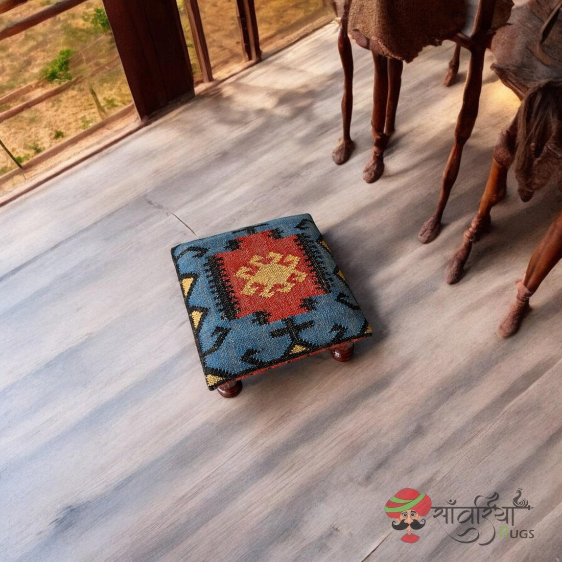 Handmade Wooden Pouf Ottoman, Kilim Upholstered Footstool, Boho Tribal Accent Bench