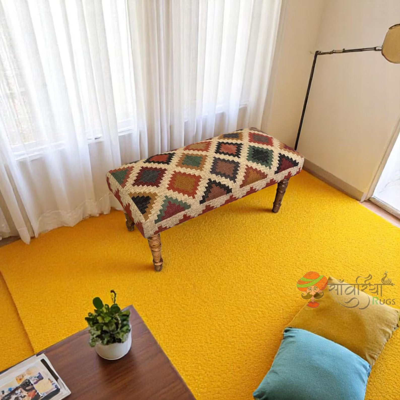 Multicolor Handmade Kilim Bench Ottoman with Wood Frame