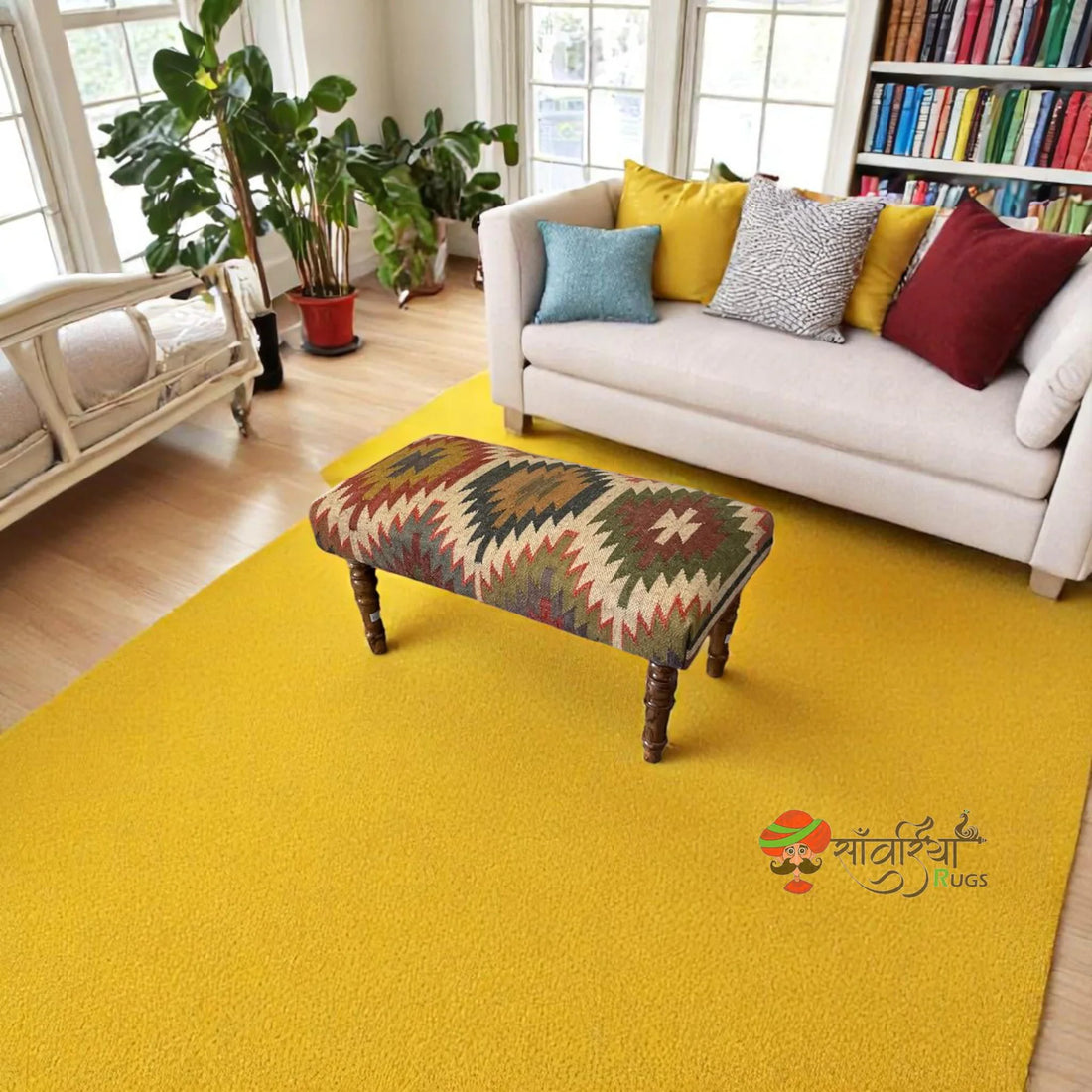 Handmade Kilim Ottoman Bench – Turkish Wood Accent Rug Chair