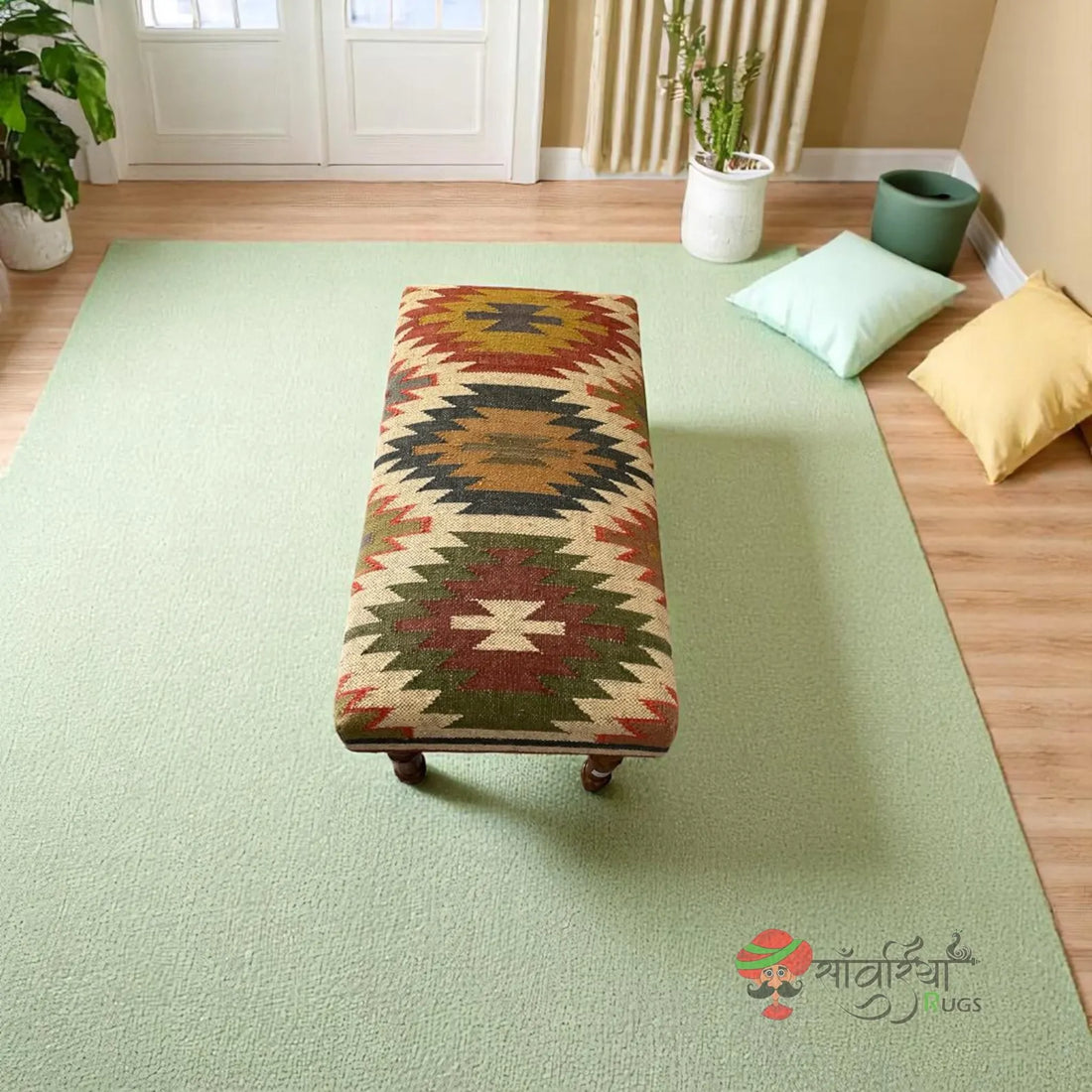 Handmade Kilim Ottoman Bench – Turkish Wood Accent Rug Chair