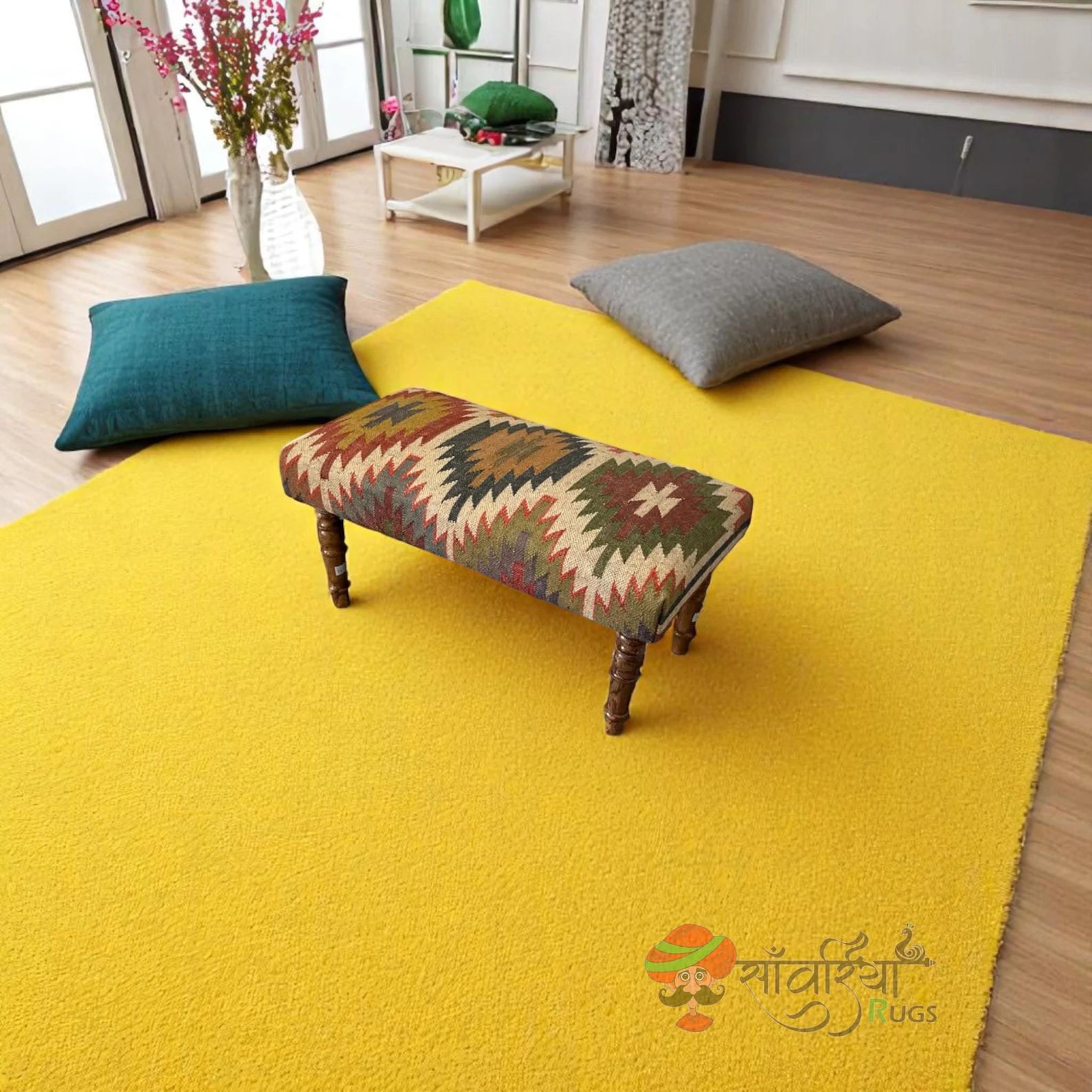 Handmade Kilim Ottoman Bench – Turkish Wood Accent Rug Chair