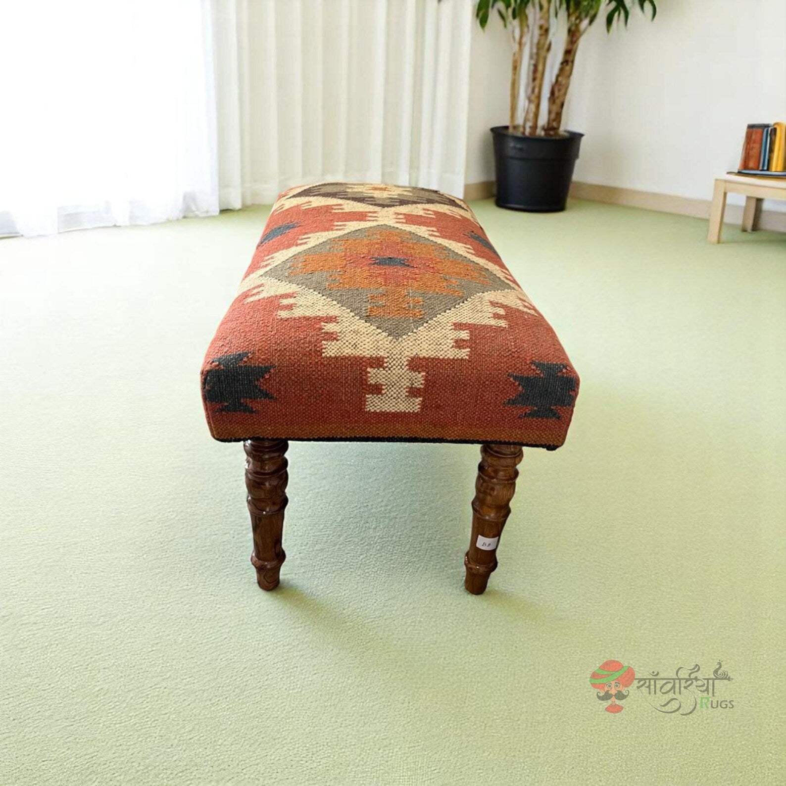 Kilim Ottoman Bench – Handmade Turkish Wood Accent Rug Seat