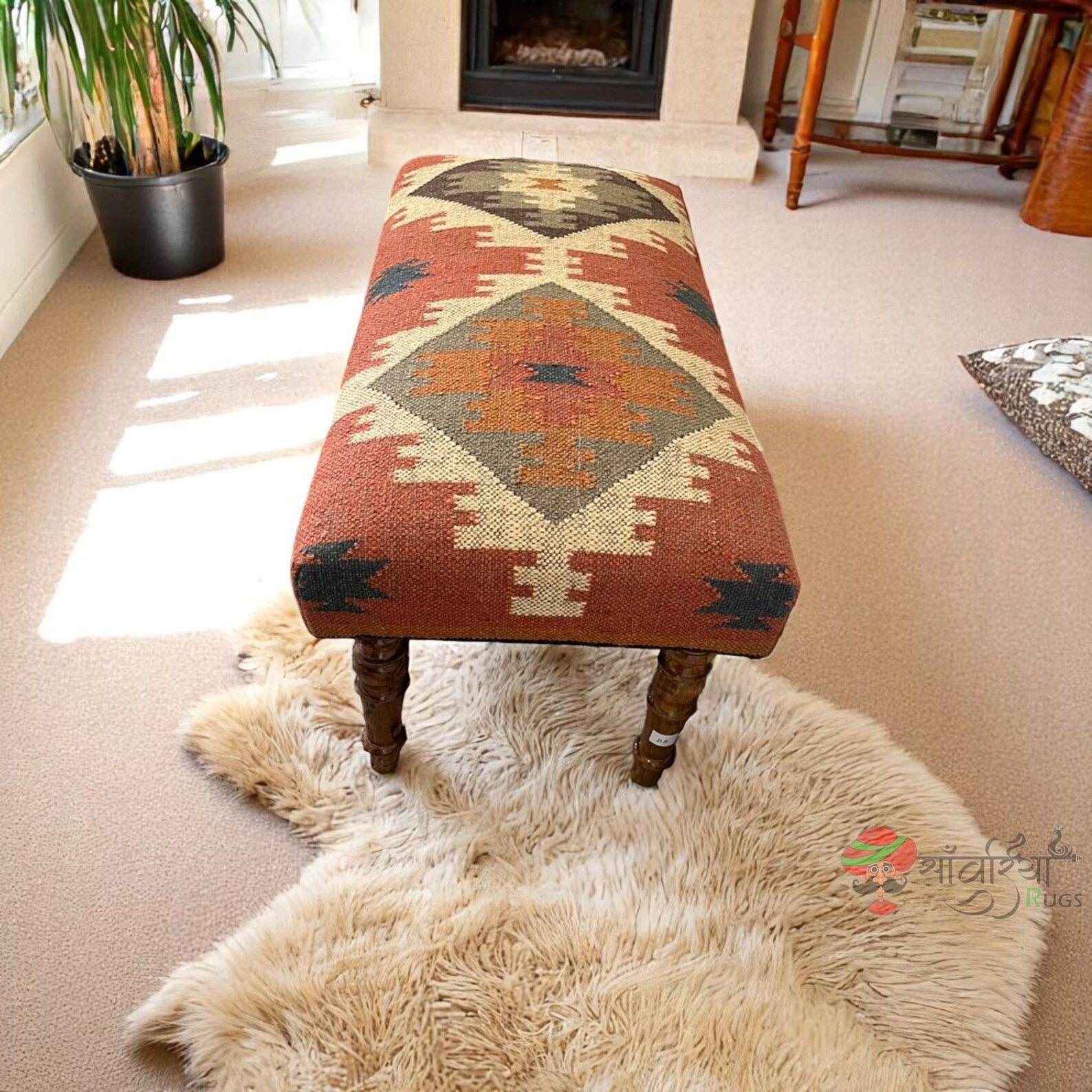 Kilim Ottoman Bench – Handmade Turkish Wood Accent Rug Seat