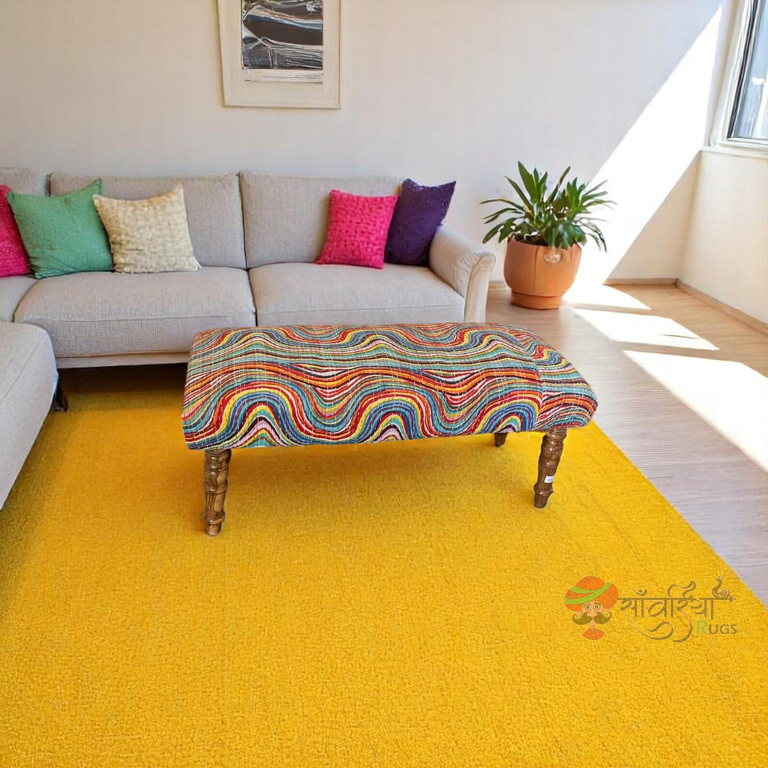 Indian Cotton Ottoman Bench with Soft Cushion – Handmade Wooden Accent Seat