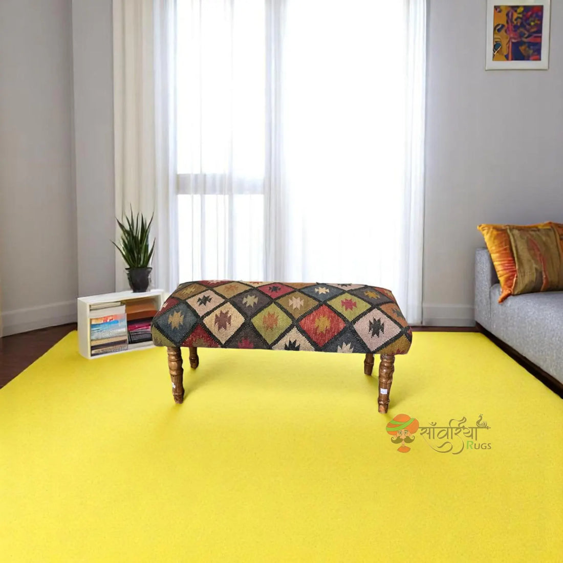 Kilim Ottoman Bench – Handmade Turkish Wood Rug Seat for Dining & Piano