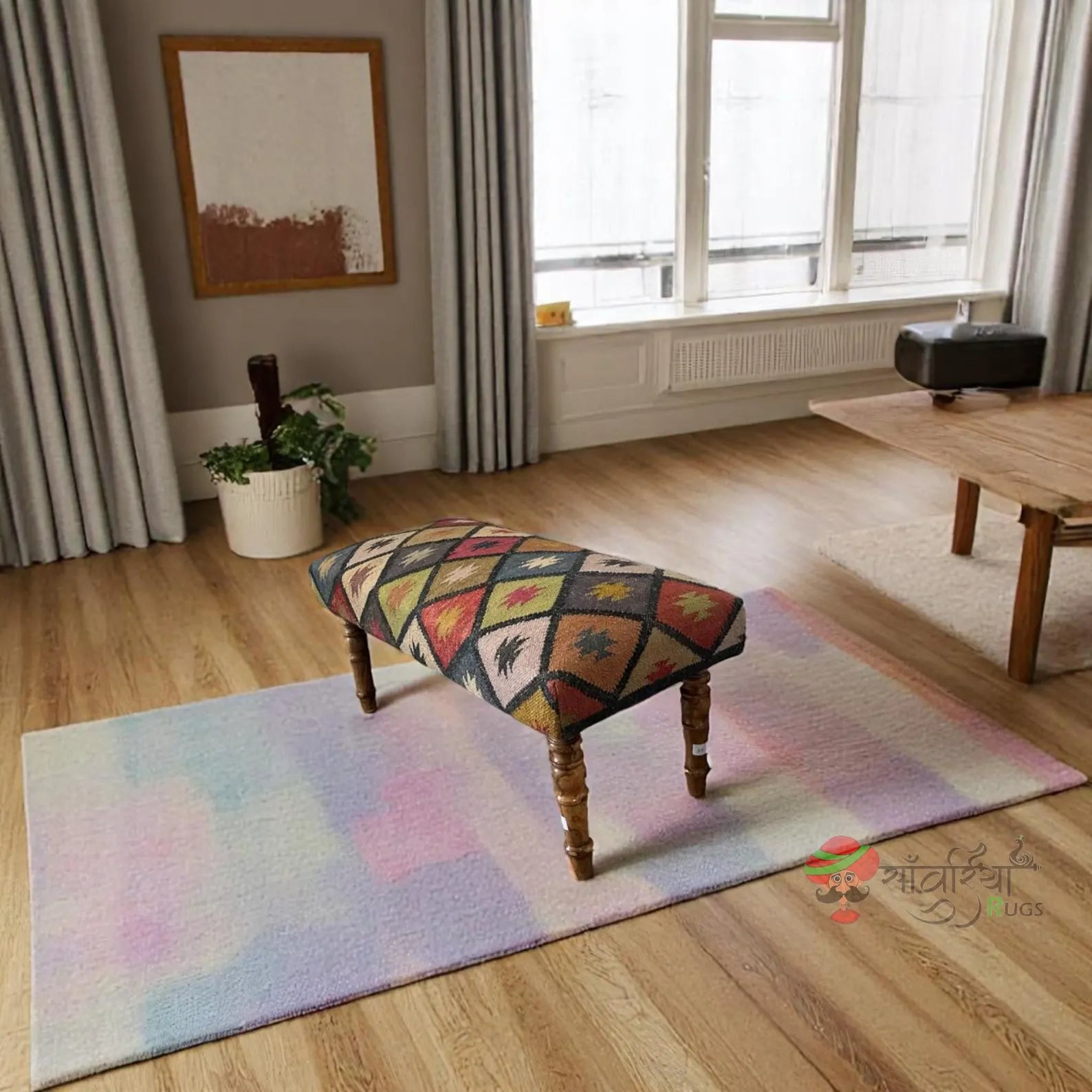 Kilim Ottoman Bench – Handmade Turkish Wood Rug Seat for Dining & Piano