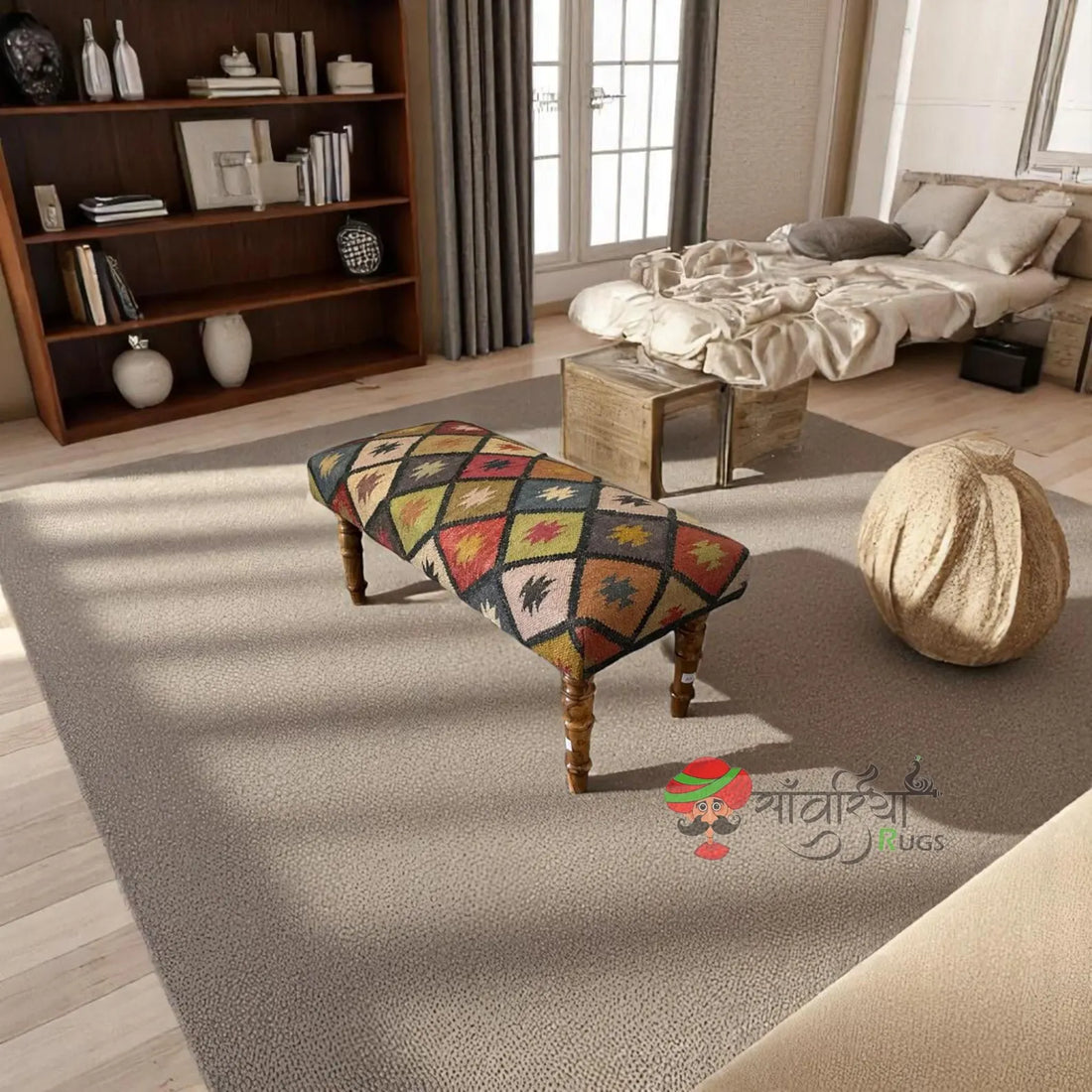 Kilim Ottoman Bench – Handmade Turkish Wood Rug Seat for Dining & Piano