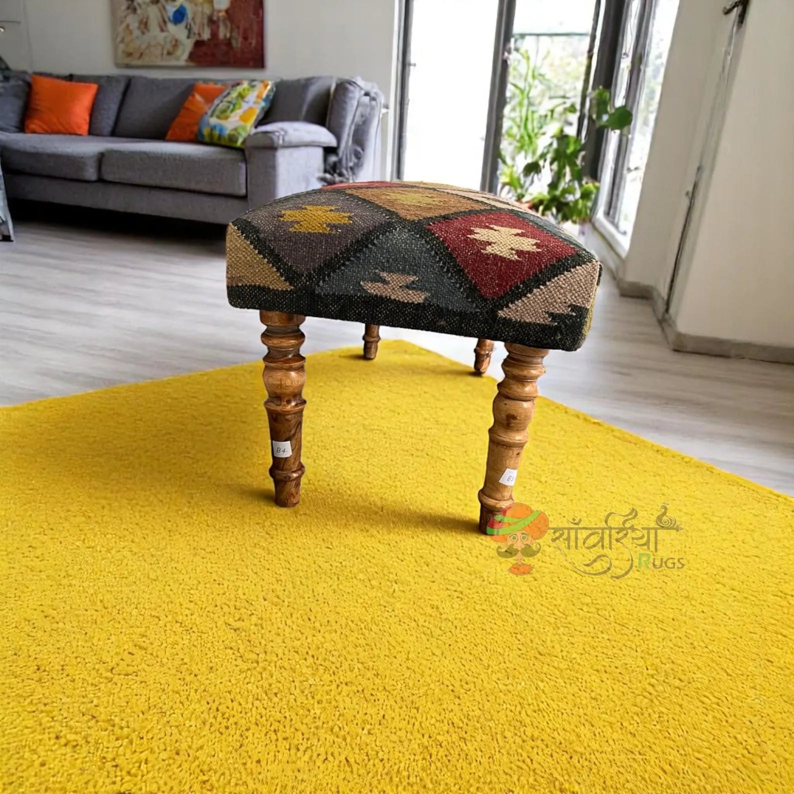 Kilim Ottoman Bench – Handmade Turkish Wood Rug Seat for Dining & Piano