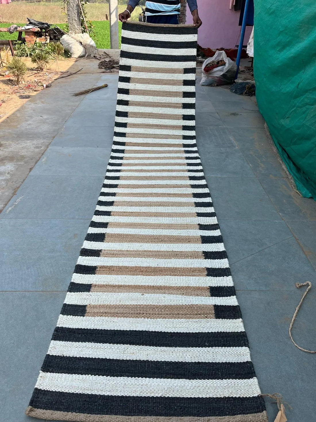Natural White Strip Black Border Hemp Jute Runner Rug