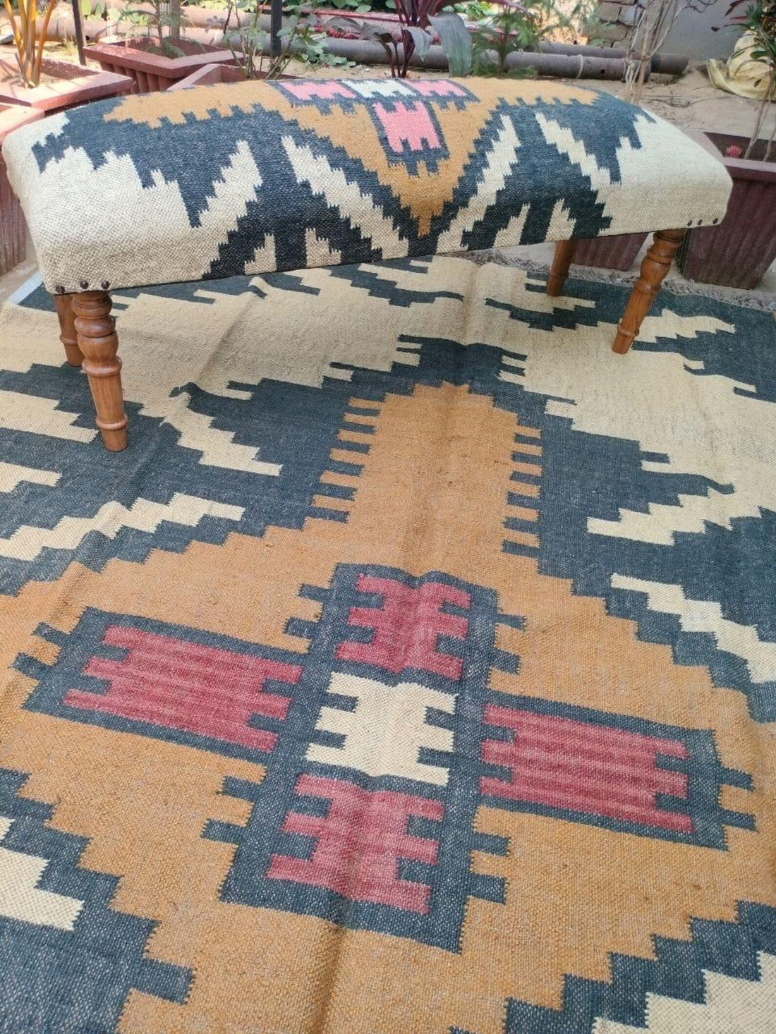 Handmade Kilim Bench – Wool Jute Rug Entryway Ottoman Furniture