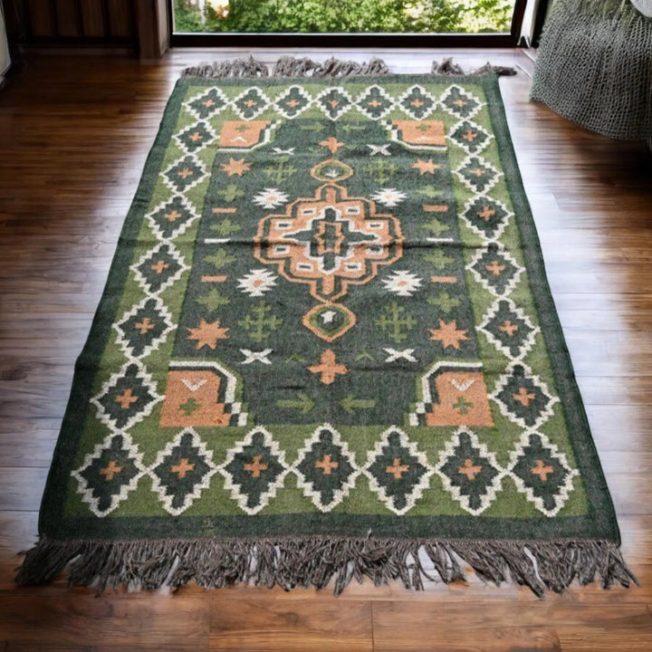 Handmade Green Wool & Jute Kilim Rug – Traditional Geometric Dhurrie
