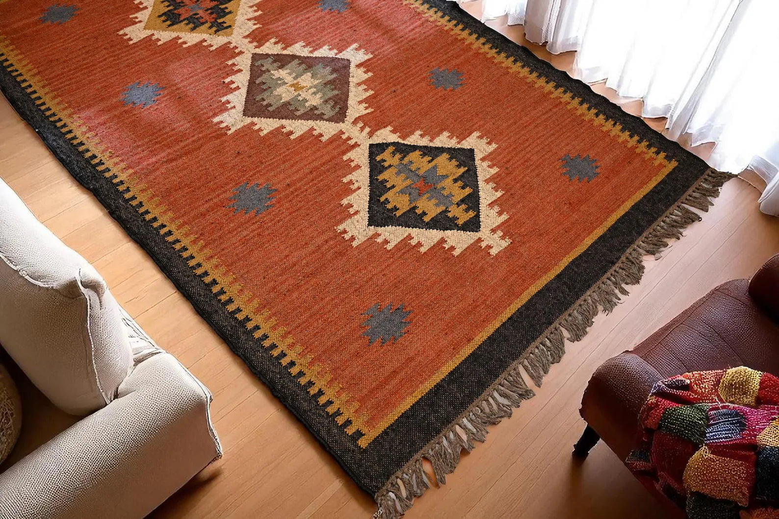 Handwoven Wool & Jute Kilim Rug – Traditional Indian Dhurrie Floor Decor by Sanwariya Rugs Export