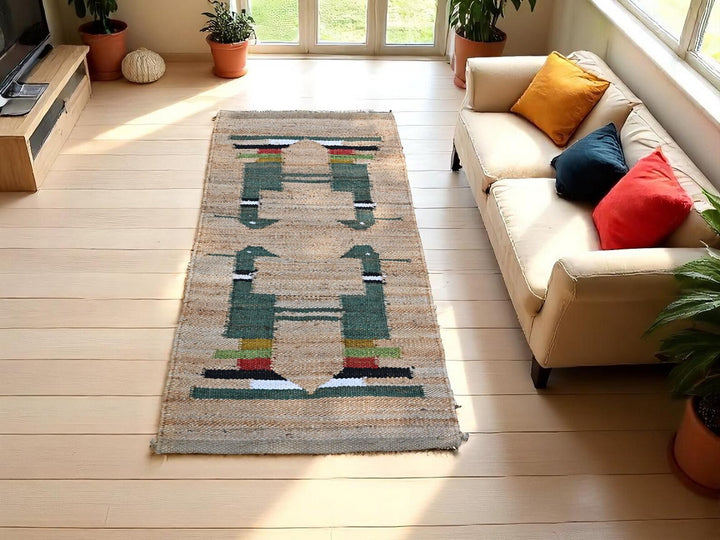 Animal Print Jute Runner Rug – Natural Vintage Hemp Floor Runner