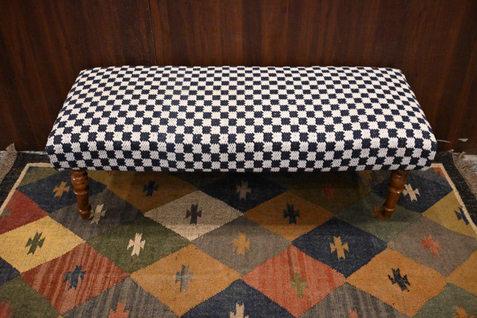 Handmade Kilim Bench – Turkish Rug Upholstered Wooden Ottoman Seat
