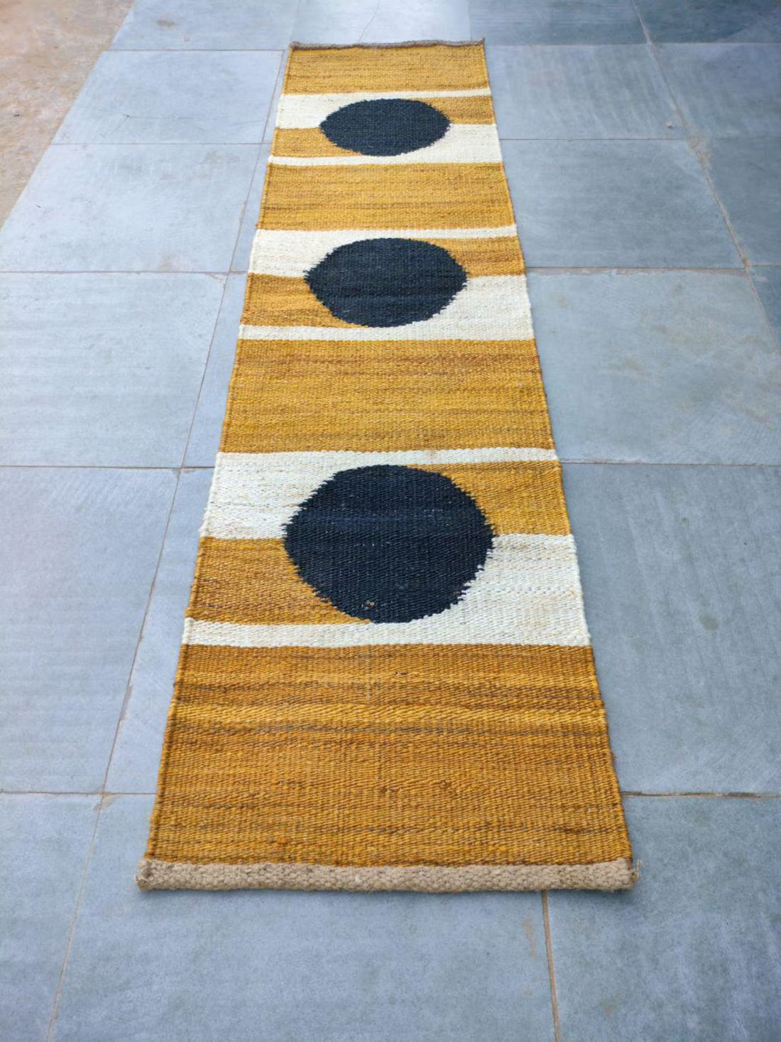 Handwoven Hemp Jute Runner Rug – Yellow, White & Black Circle Design