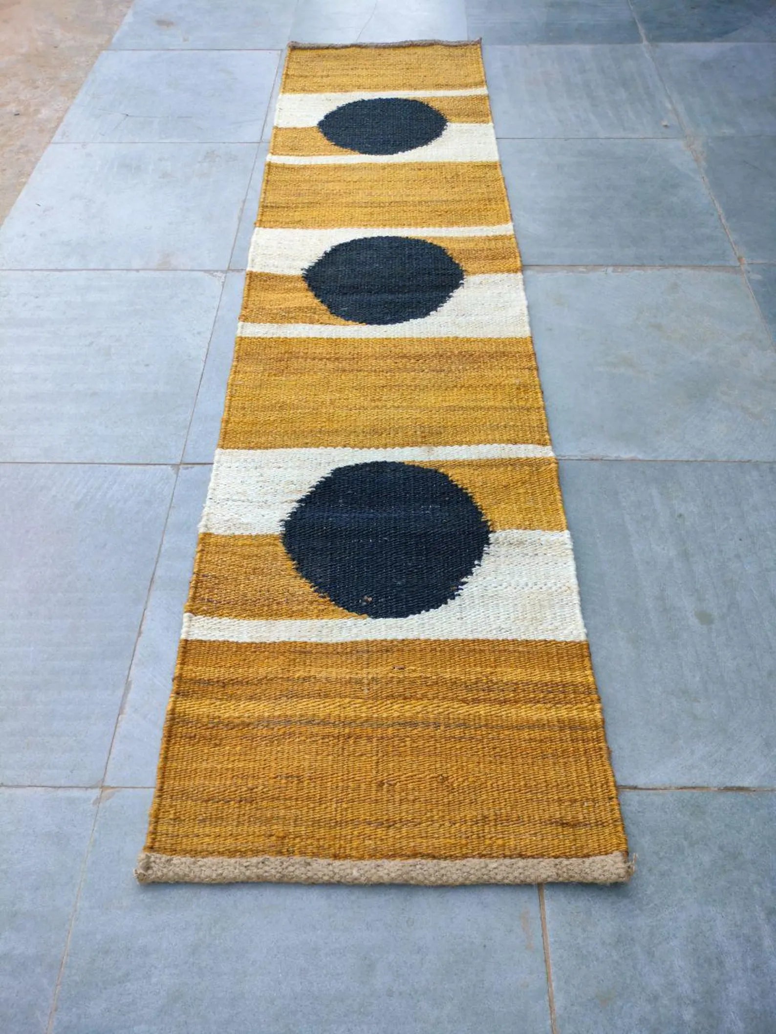 Handwoven Hemp Jute Runner with Yellow–White–Black Circular Artisan Pattern