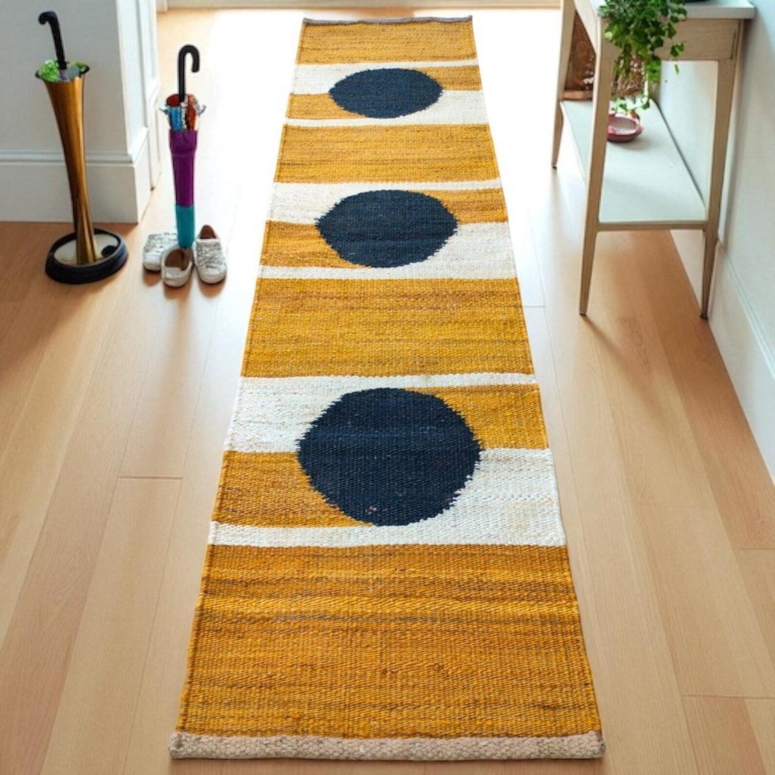 Handwoven Hemp Jute Runner Rug – Yellow, White & Black Circle Design