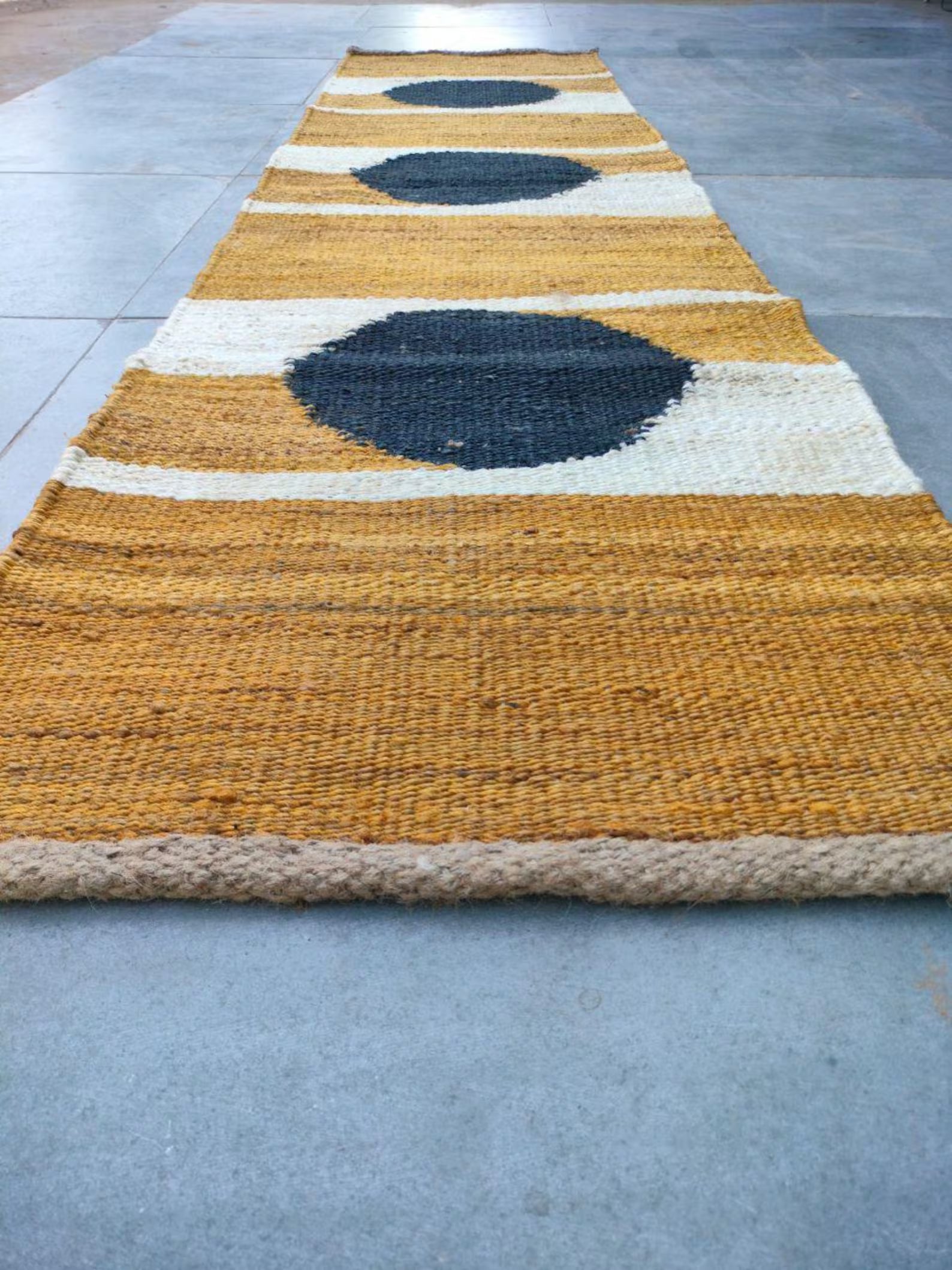 Yellow White and Black Circle Jute Runner Rug – Eco-Friendly Stair Runner