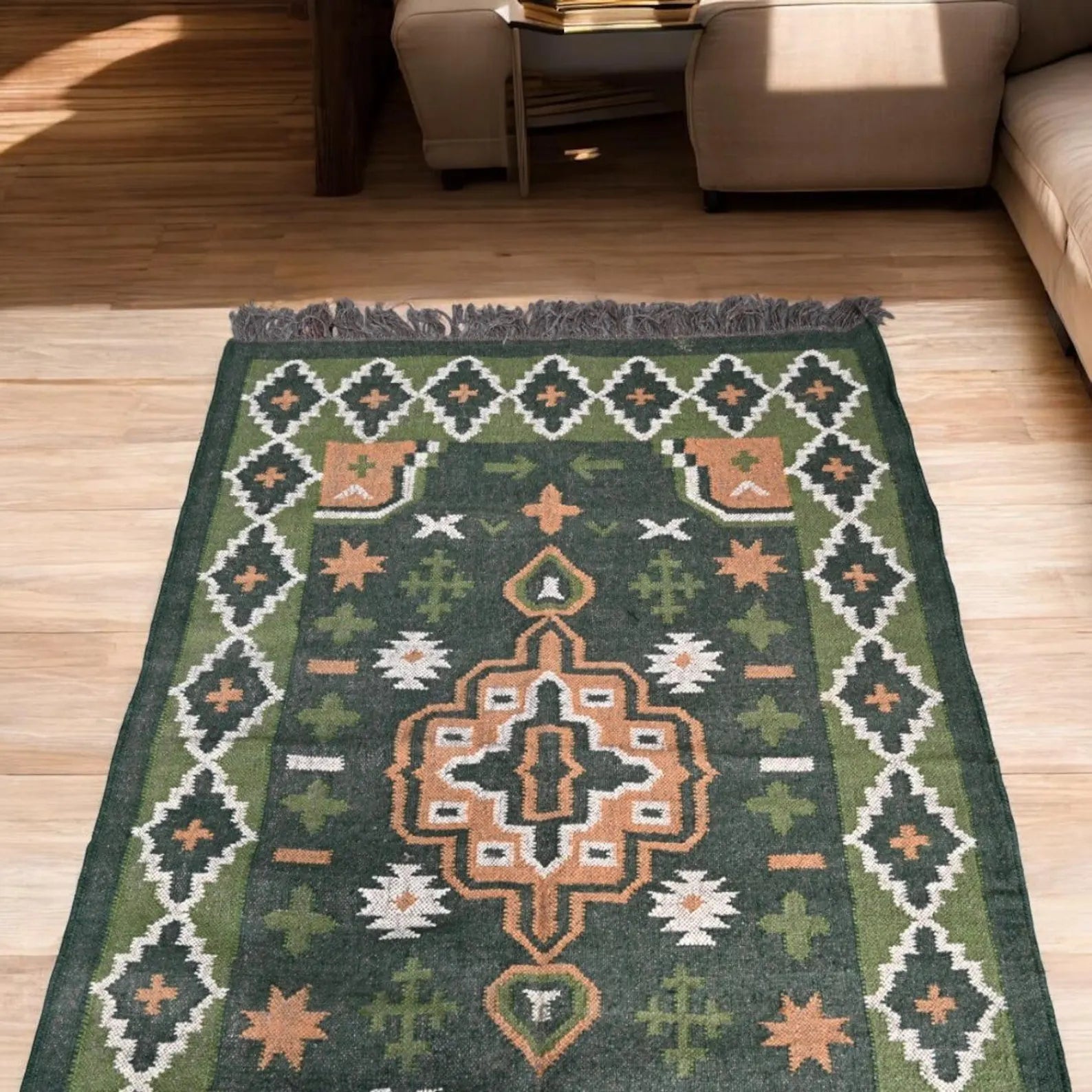 Handmade Green Wool & Jute Kilim Rug – Traditional Geometric Dhurrie