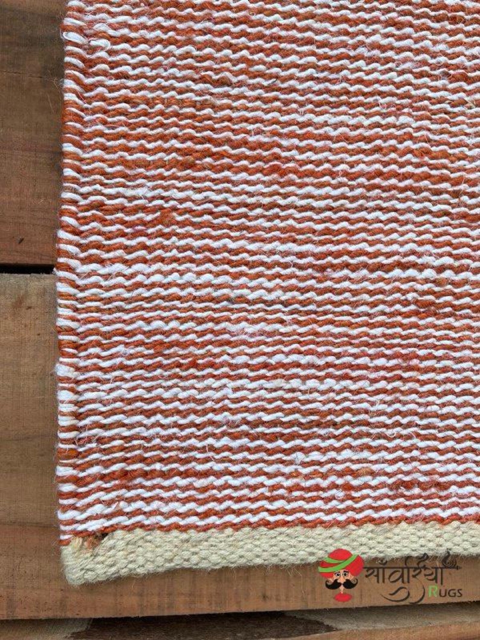 Hand Loomed Natural Hemp Jute Runner Rug with Orange White Pattern