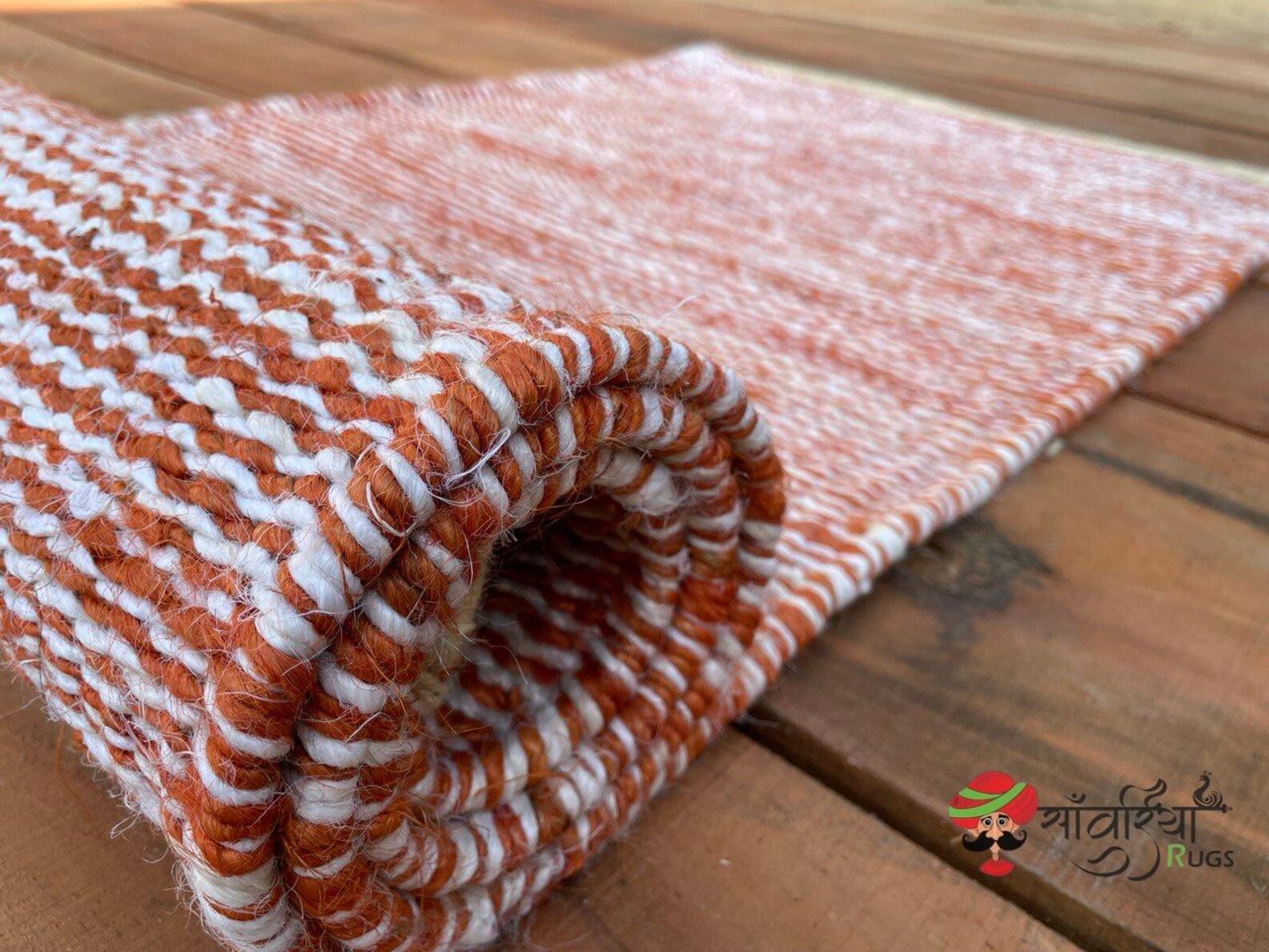 Hand Loomed Natural Hemp Jute Runner Rug with Orange White Pattern