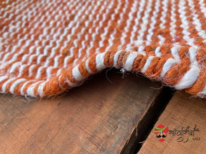 Hand Loomed Natural Hemp Jute Runner Rug with Orange White Pattern