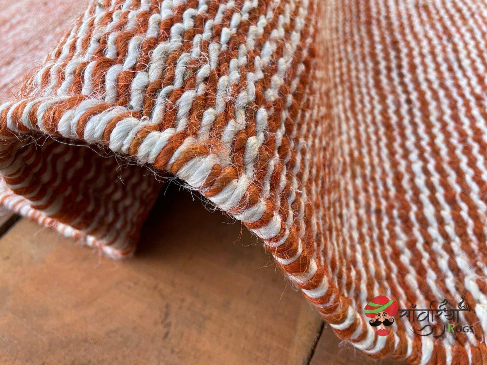 Hand Loomed Natural Hemp Jute Runner Rug with Orange White Pattern