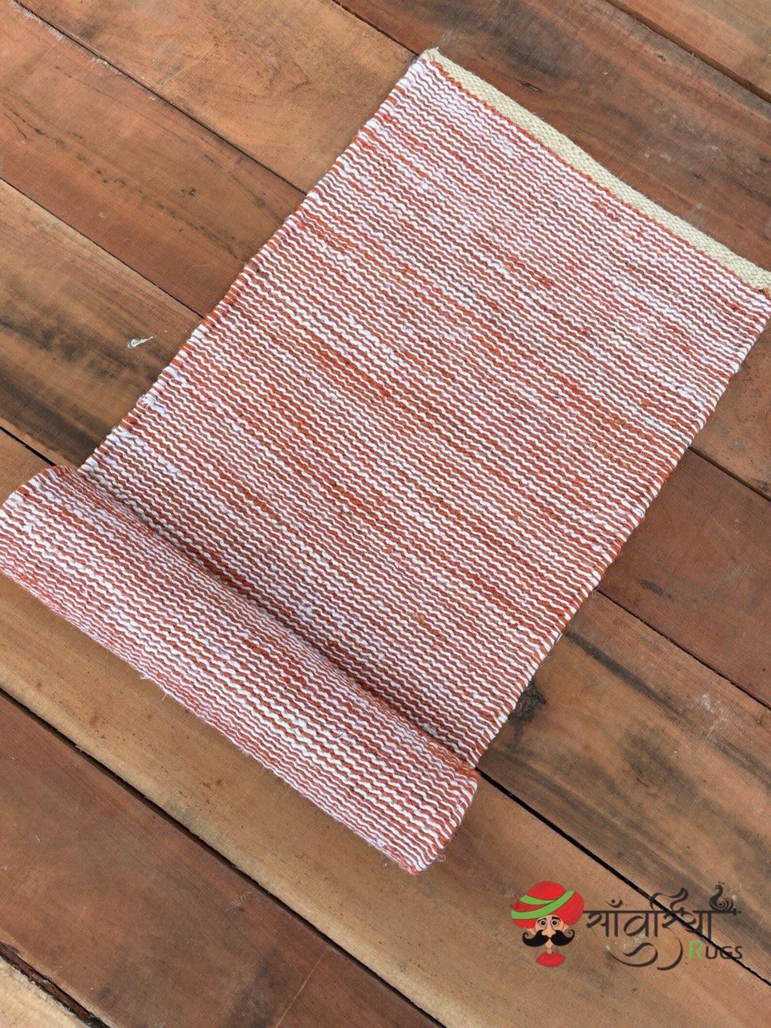Hand Loomed Natural Hemp Jute Runner Rug with Orange White Pattern