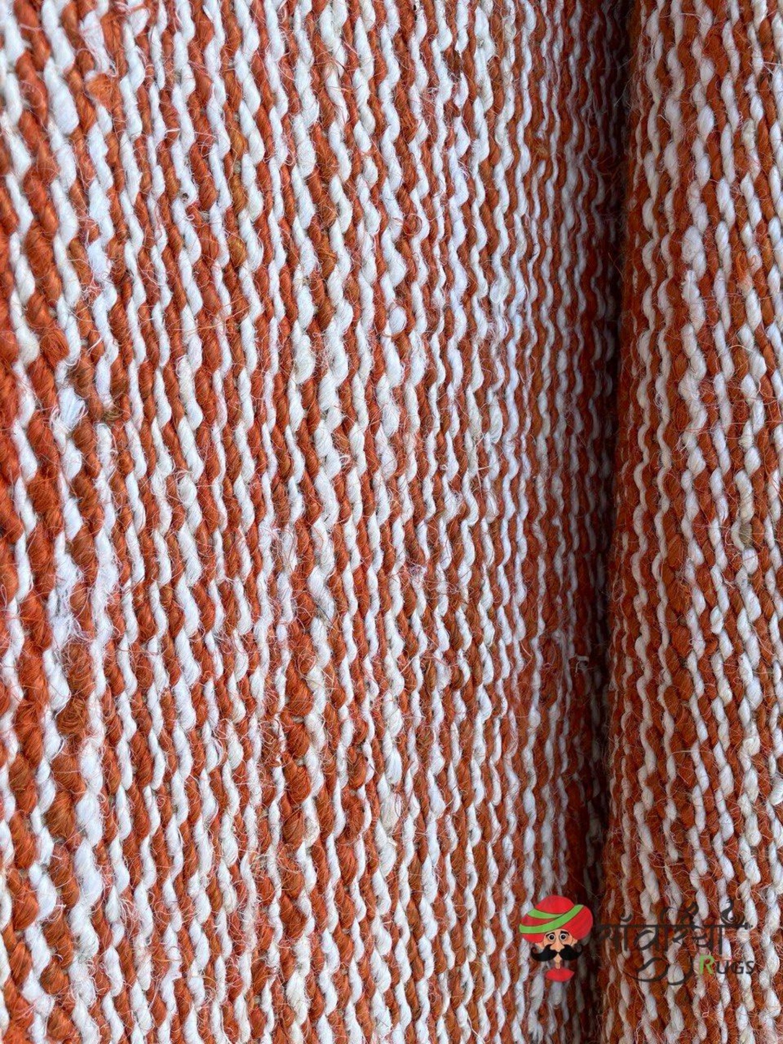 Hand Loomed Natural Hemp Jute Runner Rug with Orange White Pattern