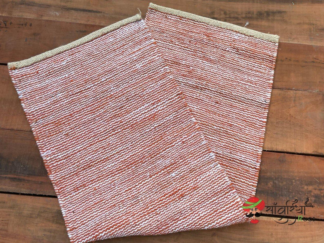 Hand Loomed Natural Hemp Jute Runner Rug with Orange White Pattern