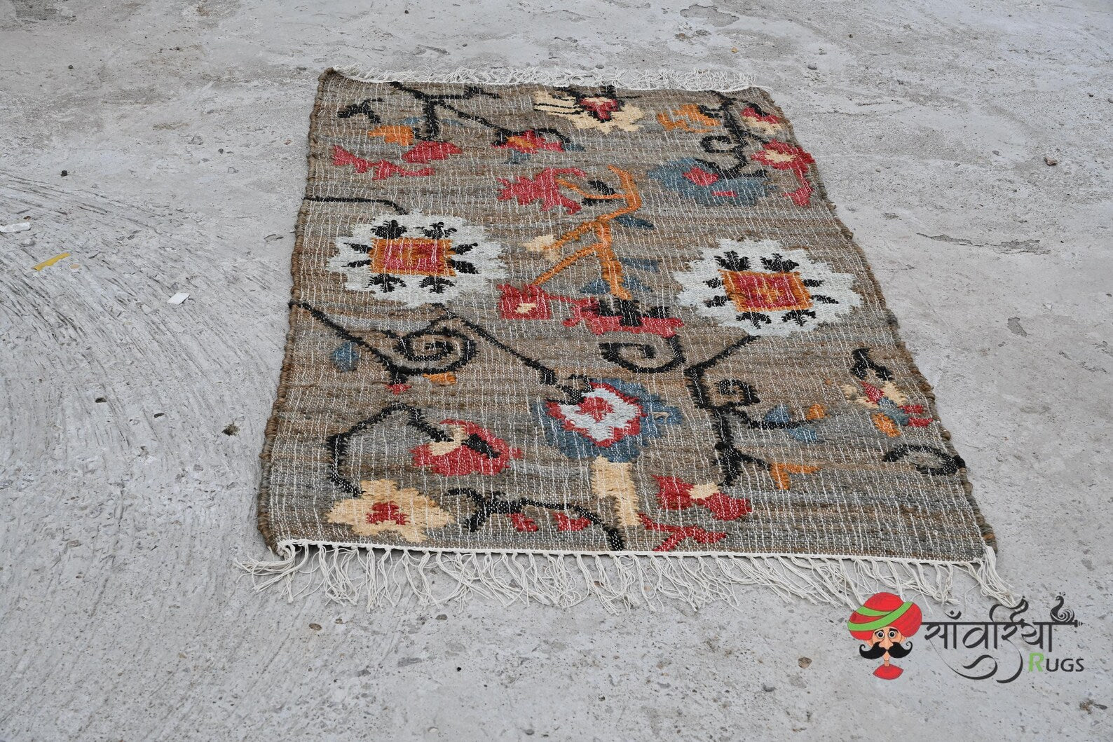 Handmade Jute Cotton Flower Rug | Black Floral Bohemian Runner for Bedroom