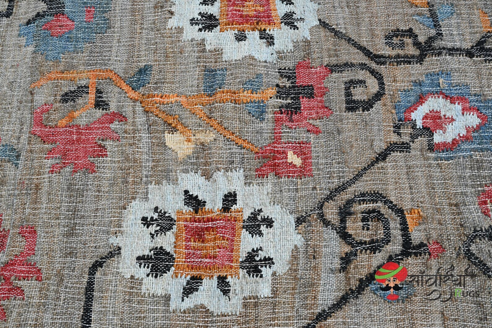 Handmade Jute Cotton Flower Rug | Black Floral Bohemian Runner for Bedroom