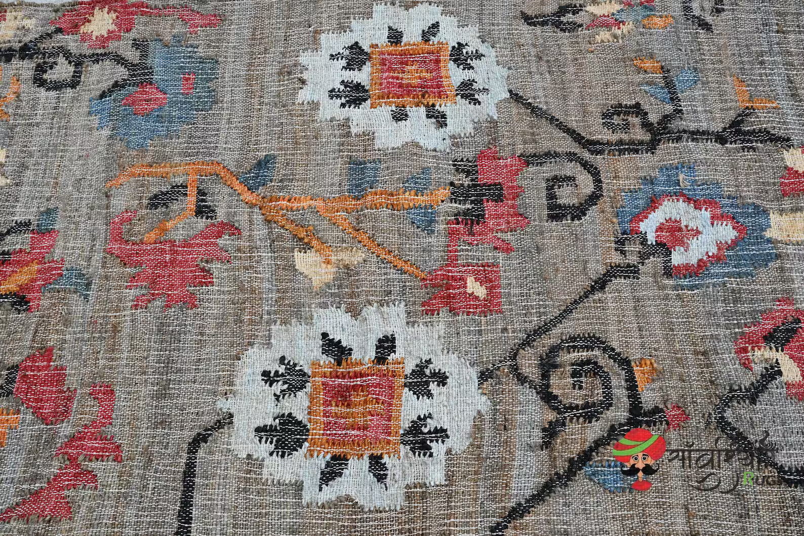 Handmade Jute Cotton Flower Rug | Black Floral Bohemian Runner for Bedroom