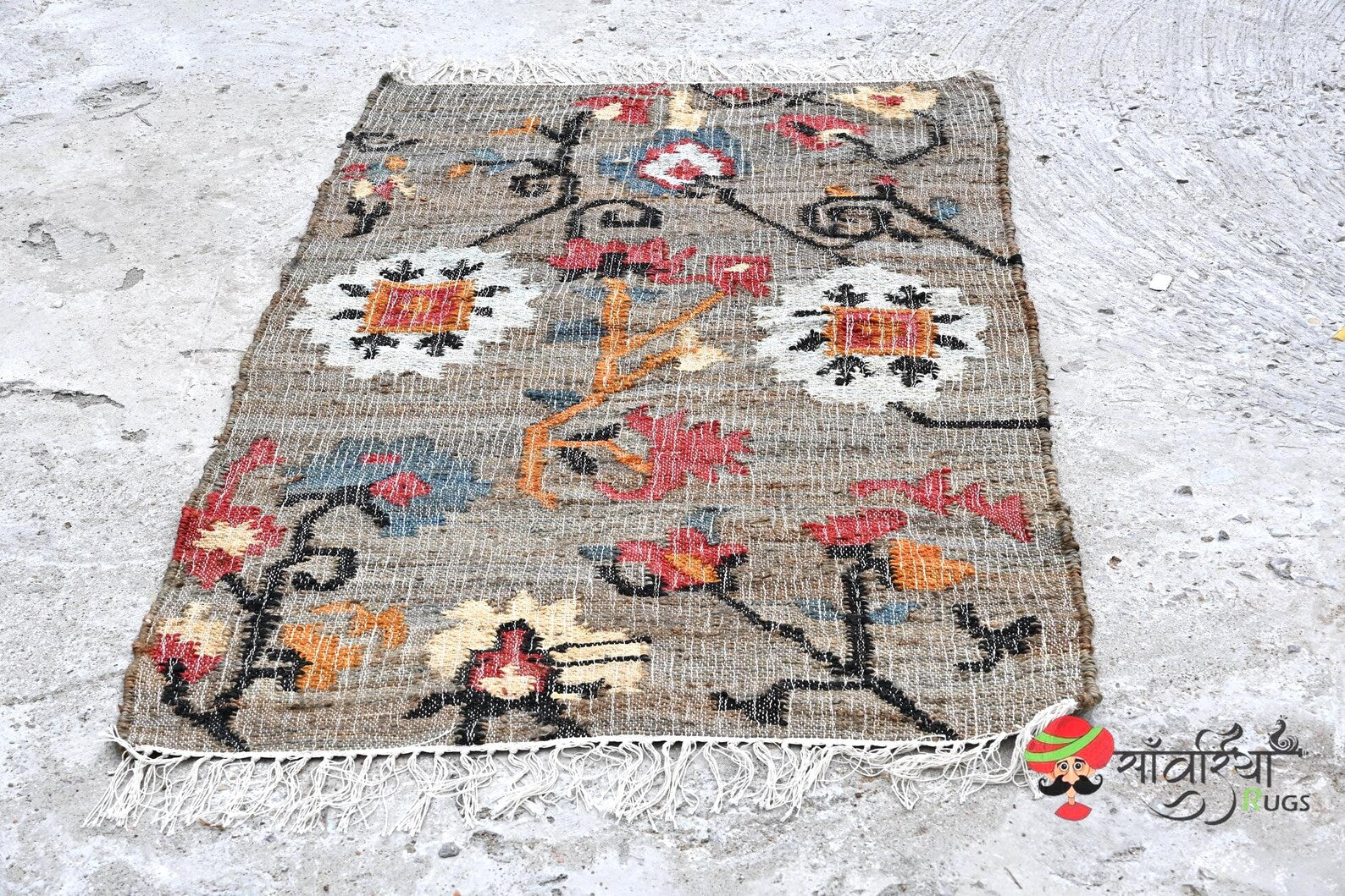 Handmade Jute Cotton Flower Rug | Black Floral Bohemian Runner for Bedroom