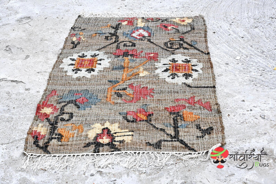 Handmade Jute Cotton Flower Rug | Black Floral Bohemian Runner for Bedroom