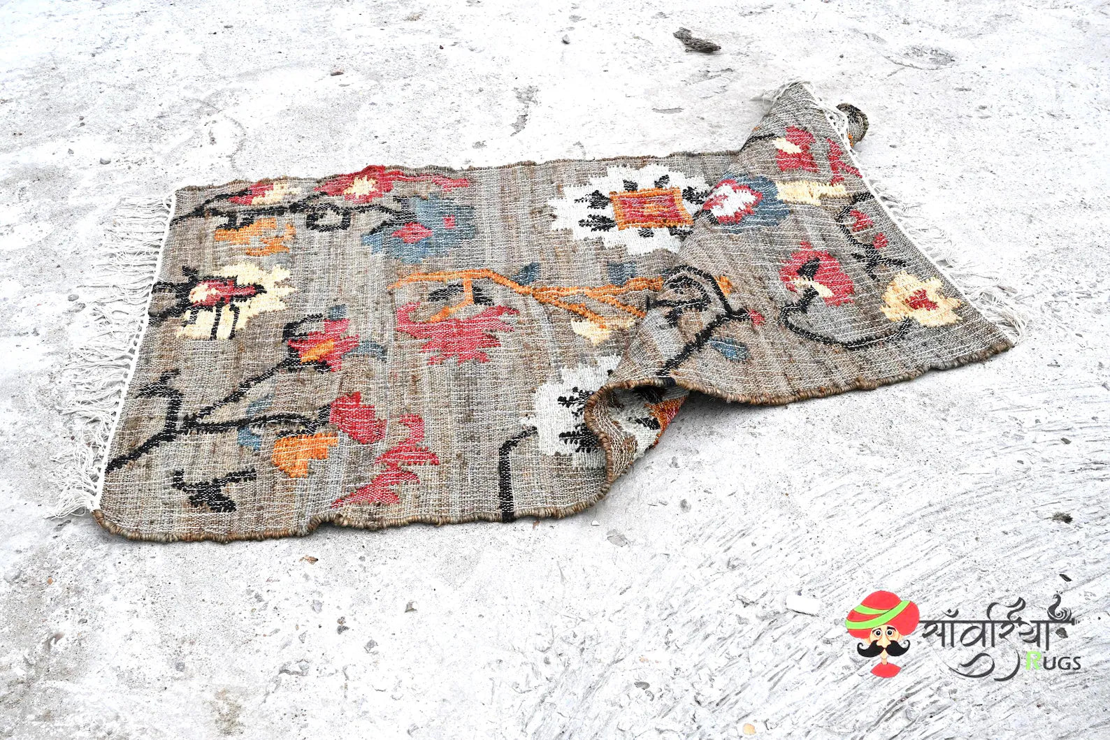 Handmade Jute Cotton Flower Rug | Black Floral Bohemian Runner for Bedroom