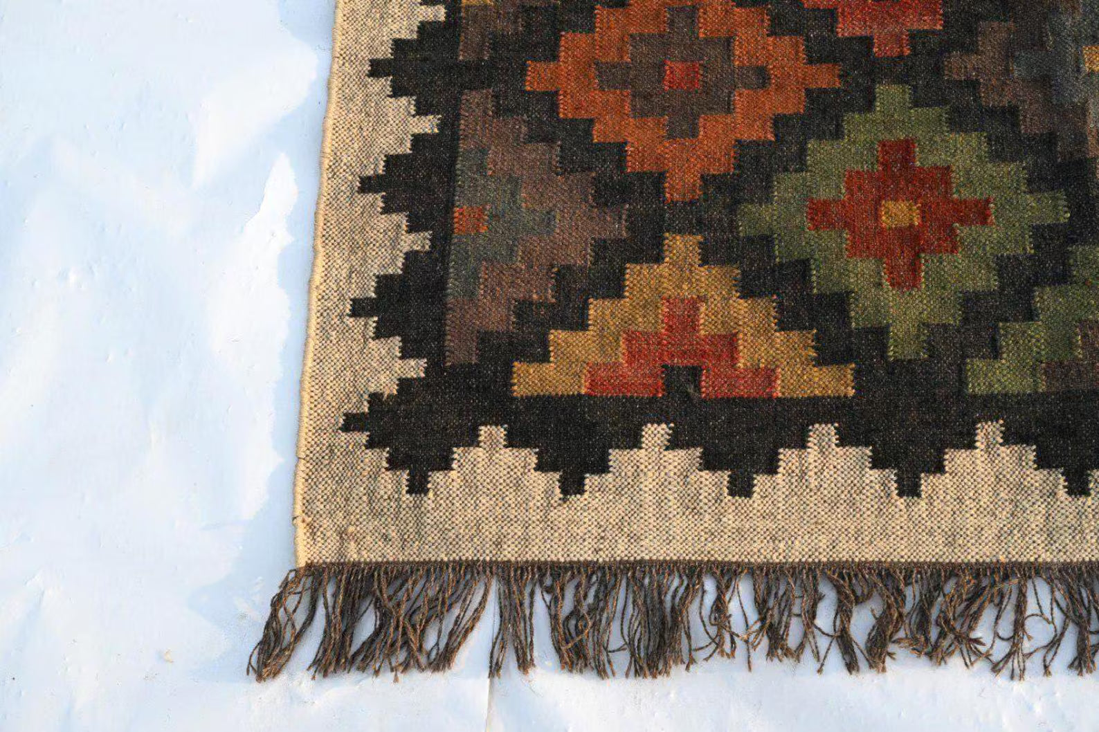 Multicolor Handwoven Kilim Rug | Wool & Jute Bohemian Flatweave | Indian Navajo Dhurrie