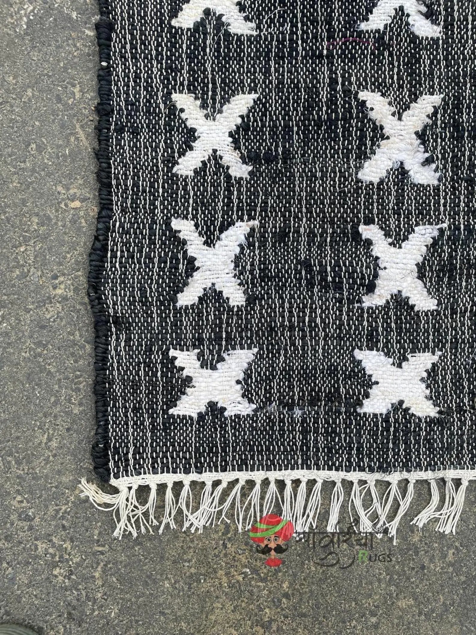Handmade Jute Cotton Rug | Bohemian Natural Area Rug | Geometric Black & White Cross Pattern for Living Room, Bedroom & Entryway | Sanwariya Rugs