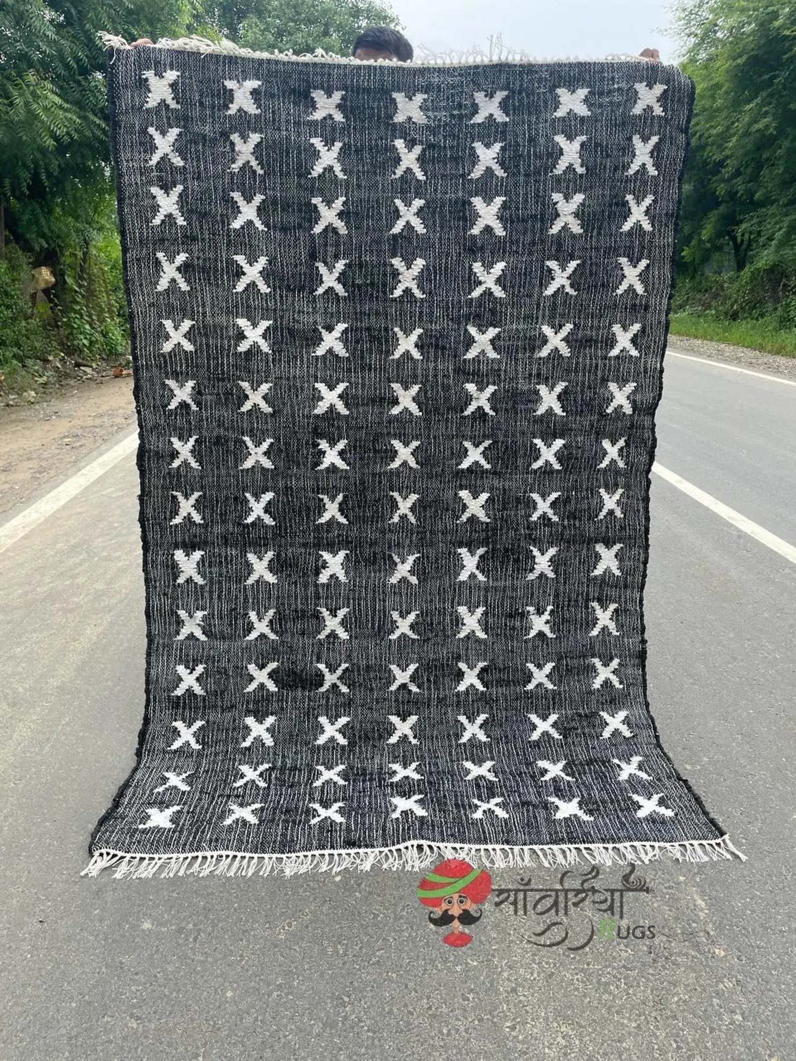Handmade Jute Cotton Rug | Bohemian Natural Area Rug | Geometric Black & White Cross Pattern for Living Room, Bedroom & Entryway | Sanwariya Rugs