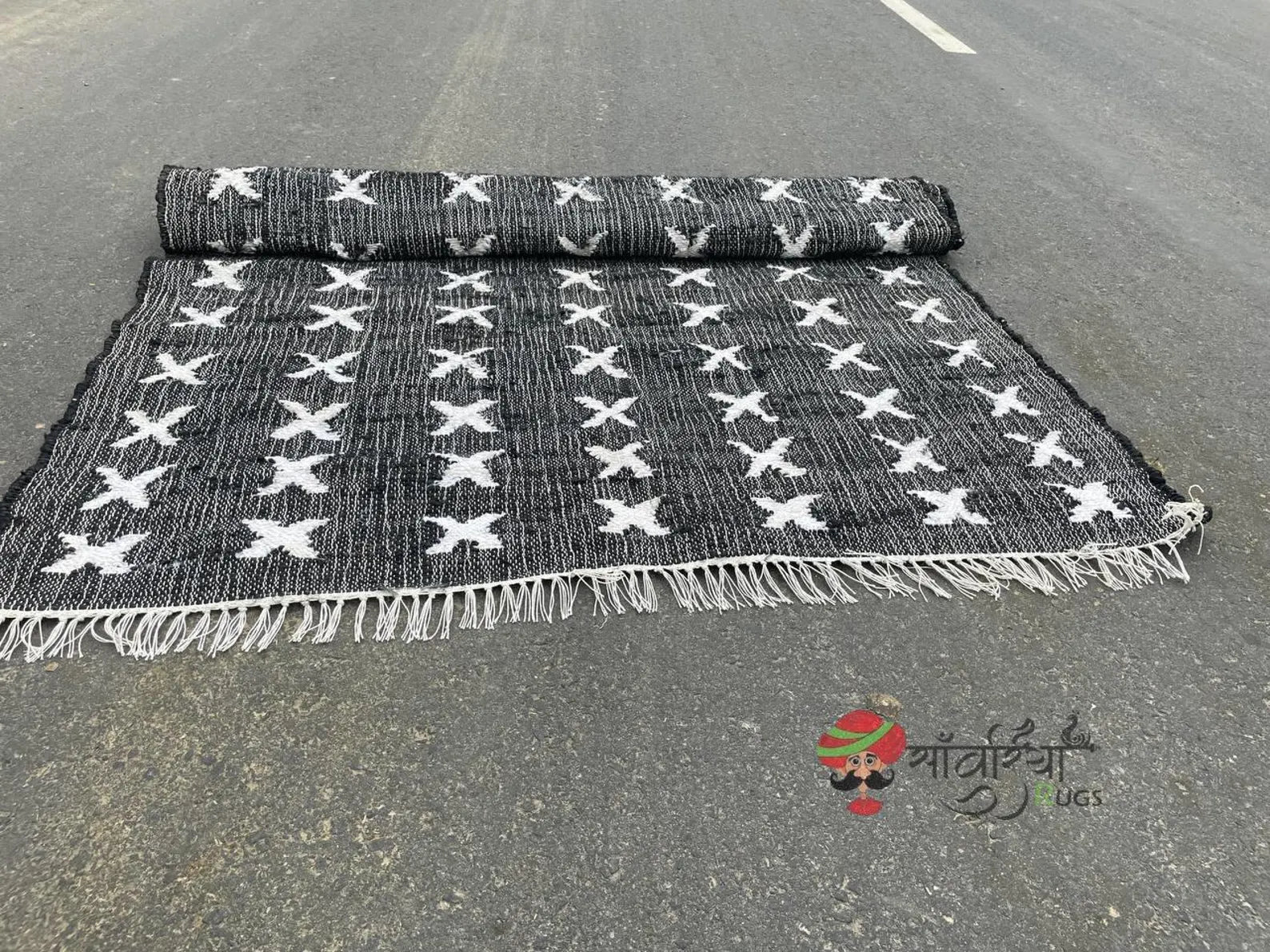 Handmade Jute Cotton Rug | Bohemian Natural Area Rug | Geometric Black & White Cross Pattern for Living Room, Bedroom & Entryway | Sanwariya Rugs