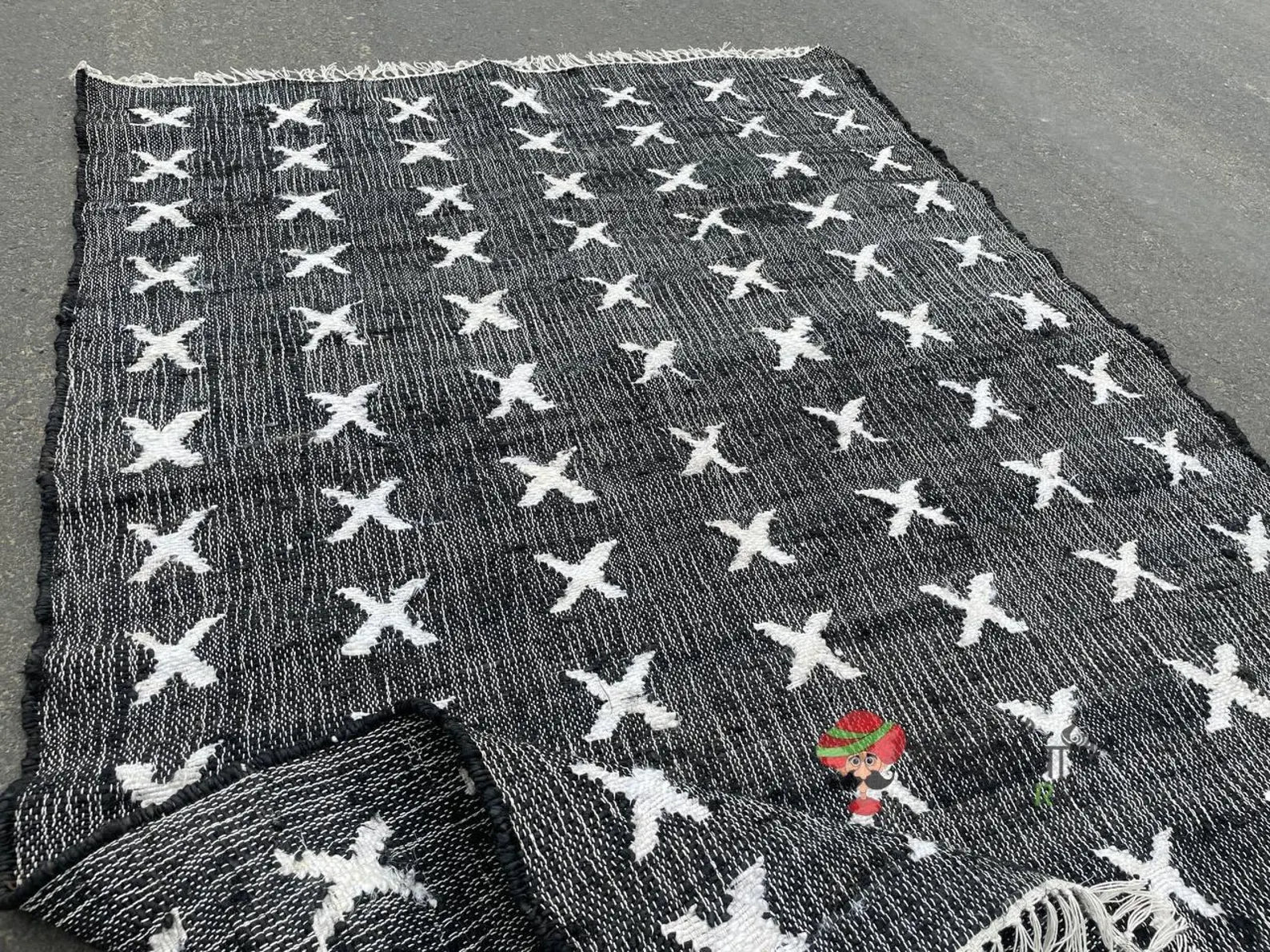 Handmade Jute Cotton Rug | Bohemian Natural Area Rug | Geometric Black & White Cross Pattern for Living Room, Bedroom & Entryway | Sanwariya Rugs