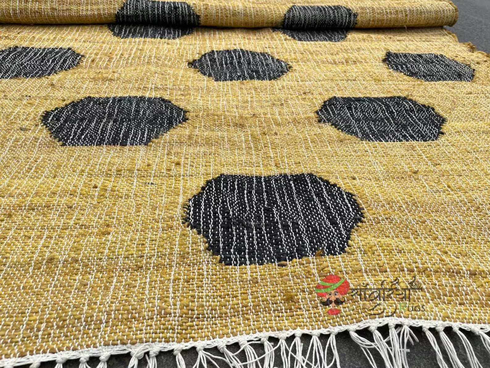 Handmade Yellow & Black Jute Cotton Rug | Bohemian Natural Rug for Bedroom | Handwoven Eco-Friendly Geometric Rug