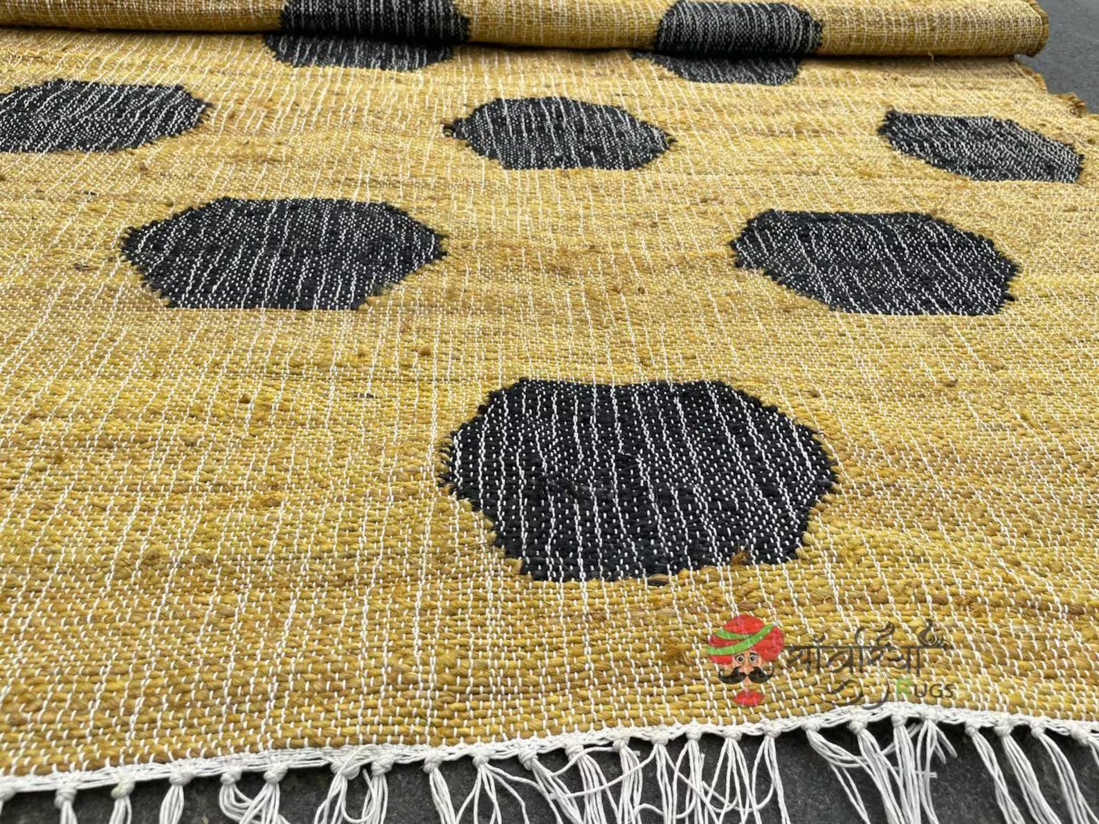 Handmade Yellow & Black Jute Cotton Rug | Bohemian Natural Rug for Bedroom | Handwoven Eco-Friendly Geometric Rug