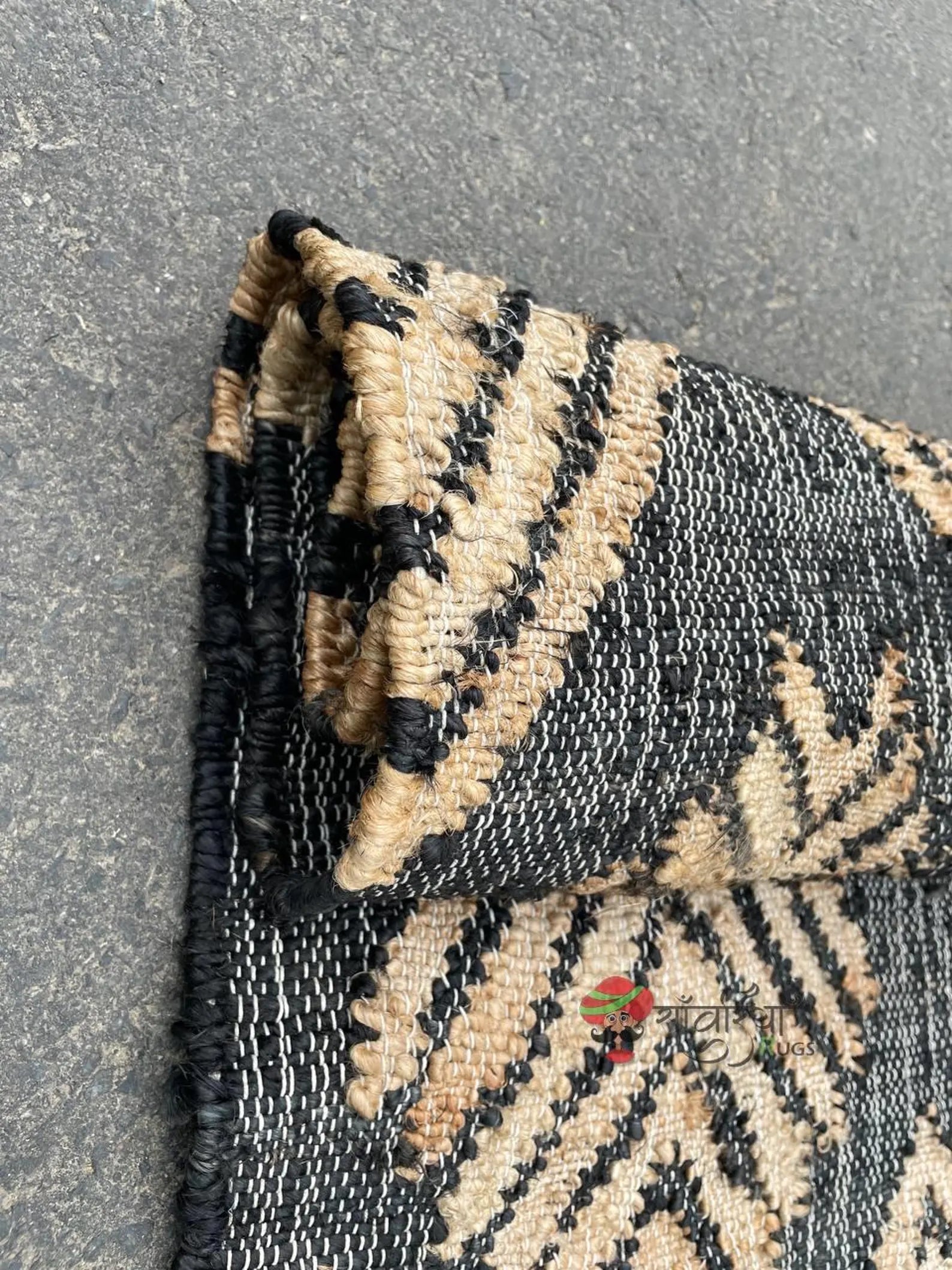 Handmade Black Jute Cotton Rug | Bohemian Natural Area Rug Eco-Friendly Handwoven Geometric Design