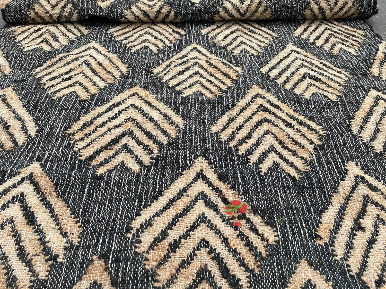 Handmade Black Jute Cotton Rug | Bohemian Natural Area Rug Eco-Friendly Handwoven Geometric Design