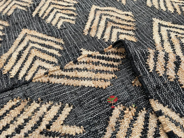 Handmade Black Jute Cotton Rug | Bohemian Natural Area Rug Eco-Friendly Handwoven Geometric Design