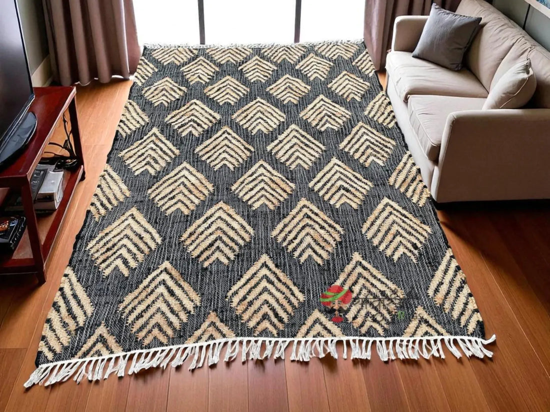 Handmade Black Jute Cotton Rug | Bohemian Natural Area Rug Eco-Friendly Handwoven Geometric Design