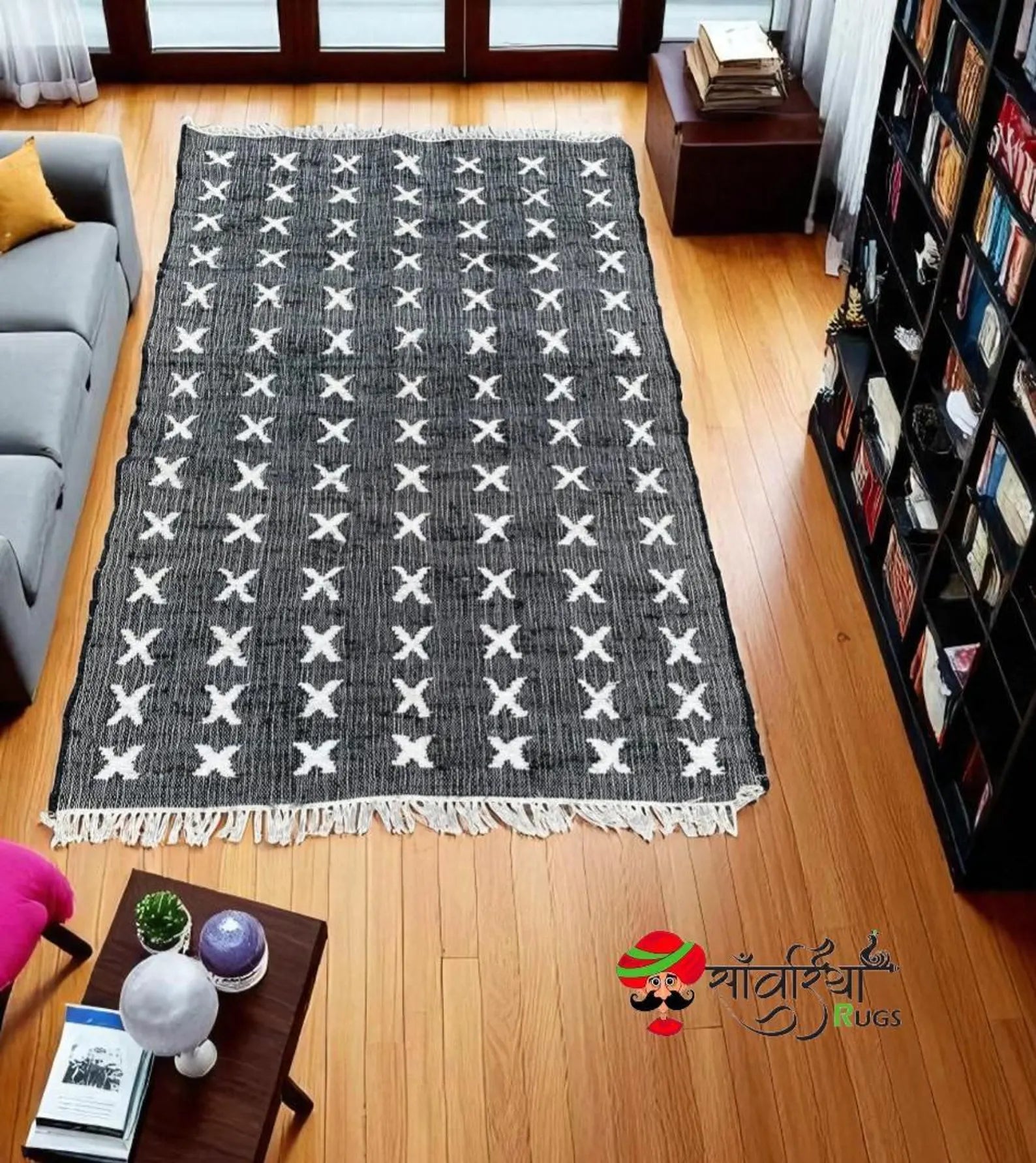 Handmade Jute Cotton Rug | Bohemian Natural Area Rug | Geometric Black & White Cross Pattern for Living Room, Bedroom & Entryway | Sanwariya Rugs