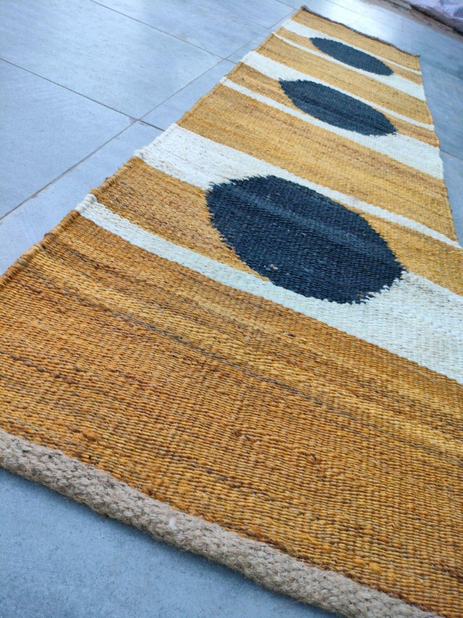 Handwoven Hemp Jute Runner Rug – Yellow, White & Black Circle Design